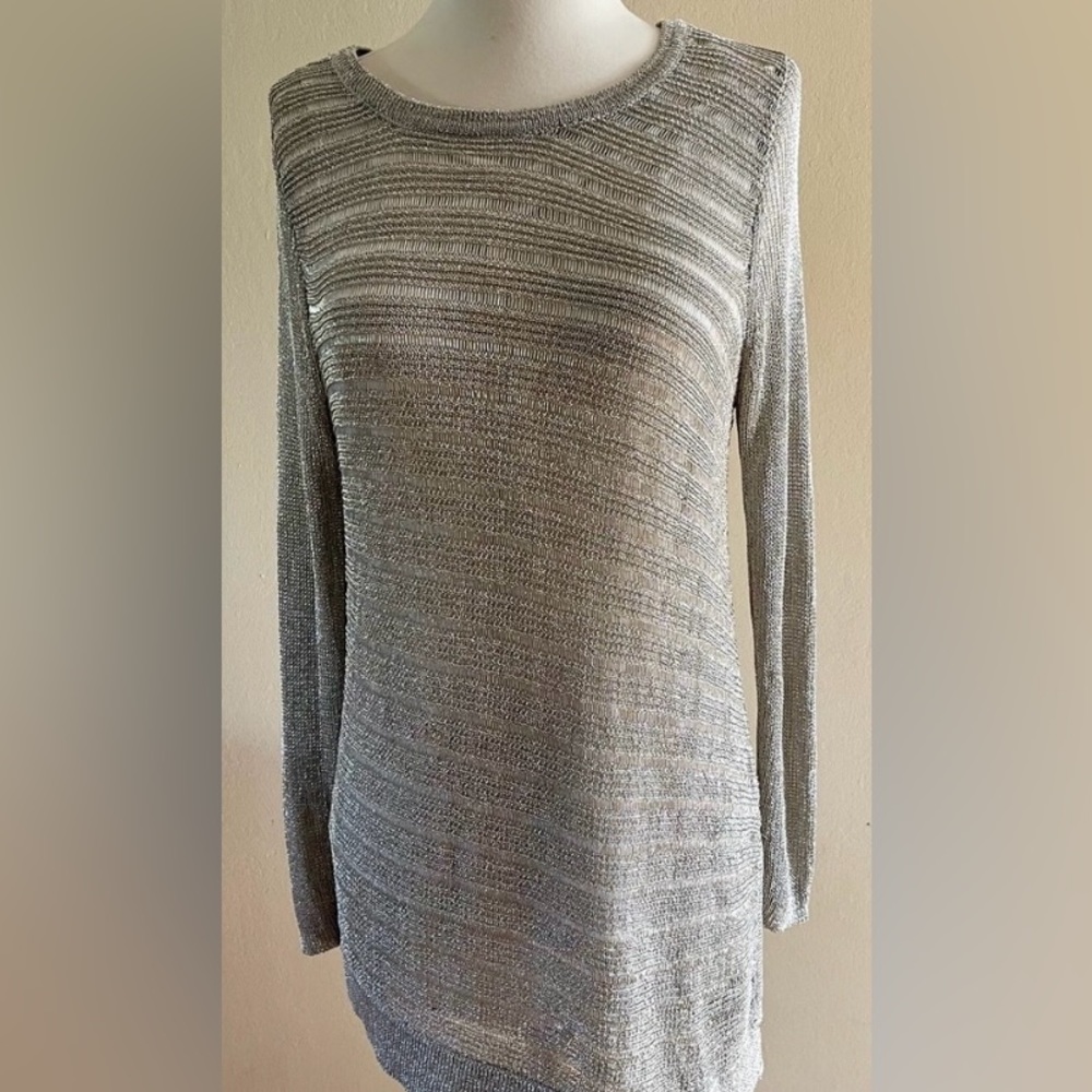 📀Chicos Classy Shimmer Gold/Silver Metallic Semi Sheer Mesh Tunic Top 2, L 💿